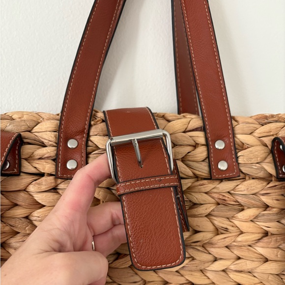 Hand Woven Straw Backpack Tote Bag Striped Liner Faux Leather Straps - Picture 3 of 10